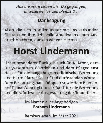 Traueranzeige von Horst Lindemann  von Magdeburger Volksstimme