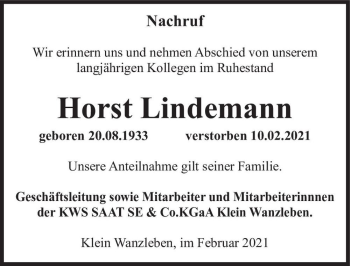 Traueranzeige von Horst Lindemann  von Magdeburger Volksstimme