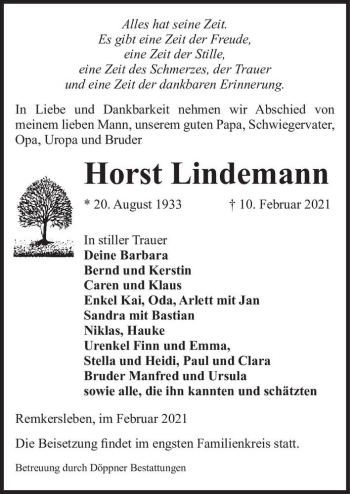 Traueranzeige von Horst Lindemann  von Magdeburger Volksstimme