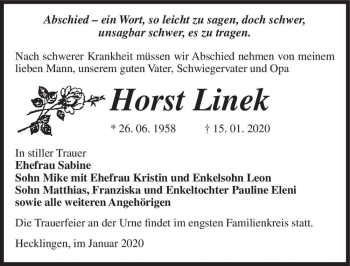 Traueranzeige von Horst Linek  von Magdeburger Volksstimme