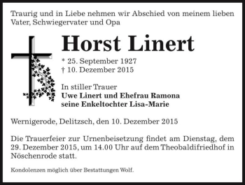 Traueranzeige von Horst Linnert  von Magdeburger Volksstimme