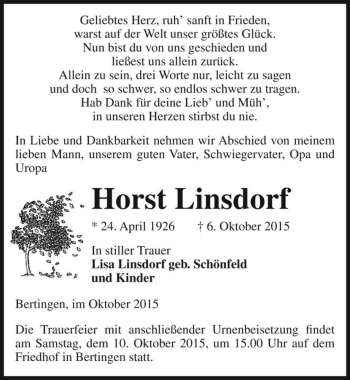 Traueranzeige von Horst Linsdorf  von Magdeburger Volksstimme