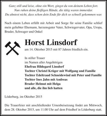 Traueranzeige von Horst Linsdorf  von Magdeburger Volksstimme