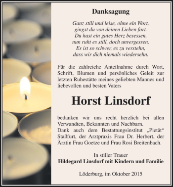 Traueranzeige von Horst Linsdorf  von Magdeburger Volksstimme