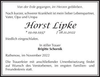 Traueranzeige von Horst Lipke  von Magdeburger Volksstimme