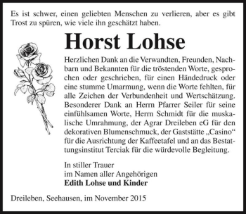 Traueranzeige von Horst Lohse  von Magdeburger Volksstimme