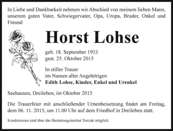 Traueranzeige von Horst Lohse  von Magdeburger Volksstimme