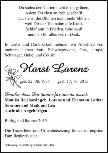 Traueranzeige von Horst Lorenz  von Magdeburger Volksstimme
