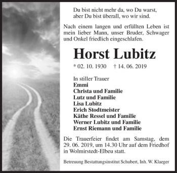 Traueranzeige von Horst Lubitz  von Magdeburger Volksstimme