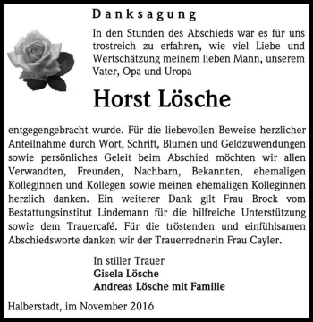Traueranzeige von Horst Lösche  von Magdeburger Volksstimme