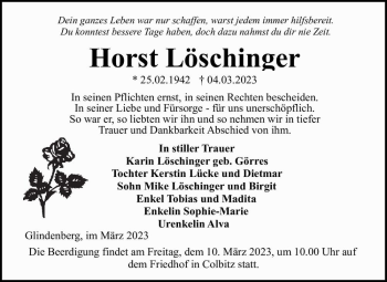 Traueranzeige von Horst Löschinger  von Magdeburger Volksstimme