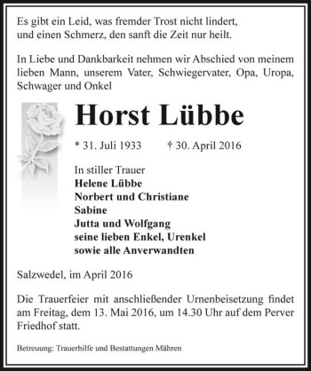 Traueranzeige von Horst Lübbe  von Magdeburger Volksstimme