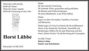 Traueranzeige von Horst Lübbe  von Magdeburger Volksstimme