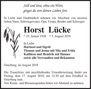 Traueranzeige von Horst Lücke  von Magdeburger Volksstimme
