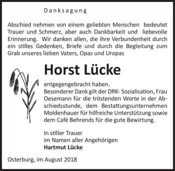 Traueranzeige von Horst Lücke  von Magdeburger Volksstimme