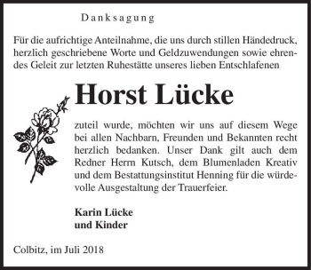 Traueranzeige von Horst Lücke  von Magdeburger Volksstimme