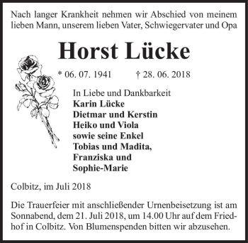 Traueranzeige von Horst Lücke  von Magdeburger Volksstimme