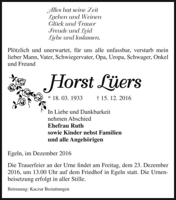 Traueranzeige von Horst Lüers  von Magdeburger Volksstimme