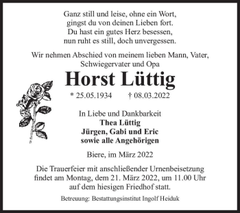 Traueranzeige von Horst Lüttig  von Magdeburger Volksstimme