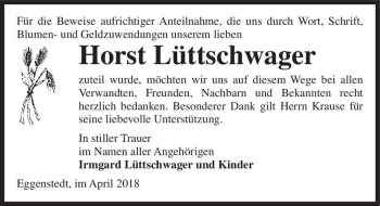 Traueranzeige von Horst Lüttschwager  von Magdeburger Volksstimme