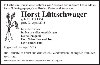 Traueranzeige von Horst Lüttschwager  von Magdeburger Volksstimme