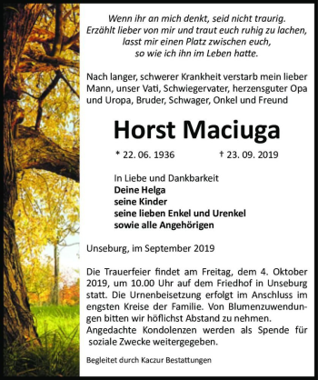 Traueranzeige von Horst Maciuga  von Magdeburger Volksstimme