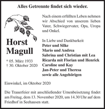 Traueranzeige von Horst Magull  von Magdeburger Volksstimme