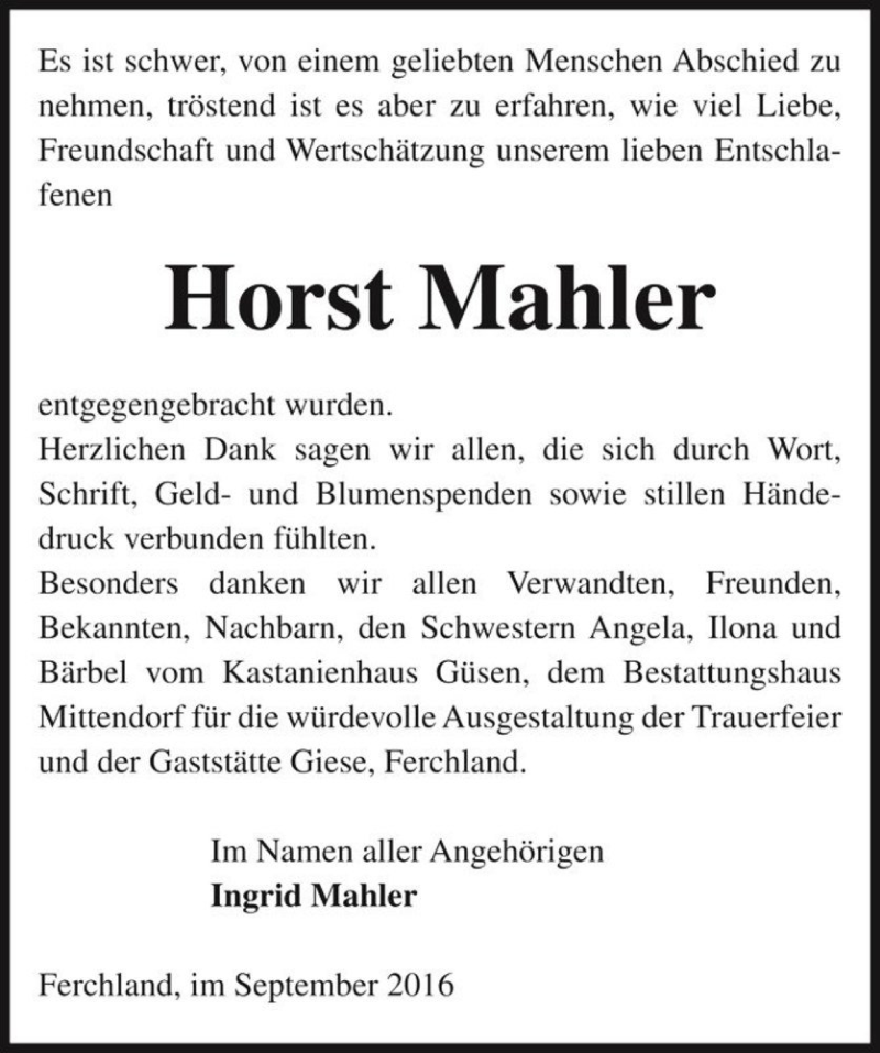  Traueranzeige für Horst Mahler  vom 10.09.2016 aus Magdeburger Volksstimme