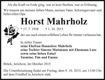 Traueranzeige von Horst Mahrholz  von Magdeburger Volksstimme