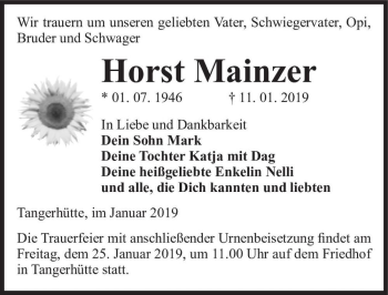 Traueranzeige von Horst Mainzer  von Magdeburger Volksstimme