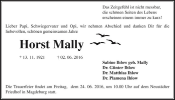 Traueranzeige von Horst Mally  von Magdeburger Volksstimme