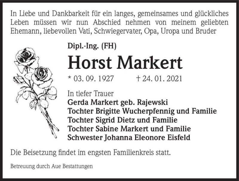  Traueranzeige für Horst Markert  vom 30.01.2021 aus Magdeburger Volksstimme