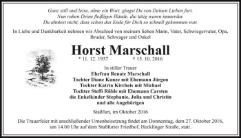 Traueranzeige von Horst Marschall  von Magdeburger Volksstimme