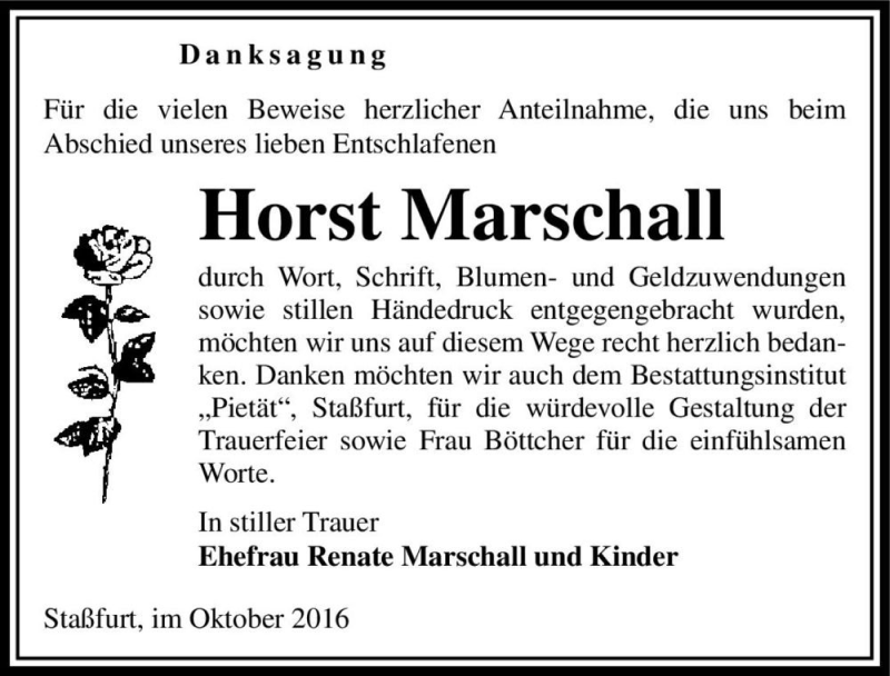  Traueranzeige für Horst Marschall  vom 05.11.2016 aus Magdeburger Volksstimme