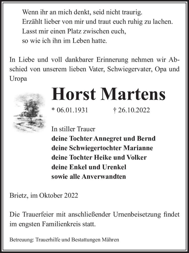  Traueranzeige für Horst Martens  vom 02.11.2022 aus Magdeburger Volksstimme
