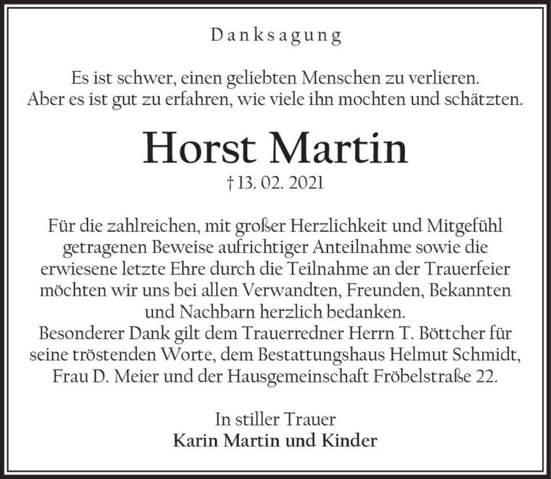  Traueranzeige für Horst Martin  vom 27.03.2021 aus Magdeburger Volksstimme