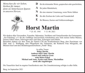 Traueranzeige von Horst Martin  von Magdeburger Volksstimme
