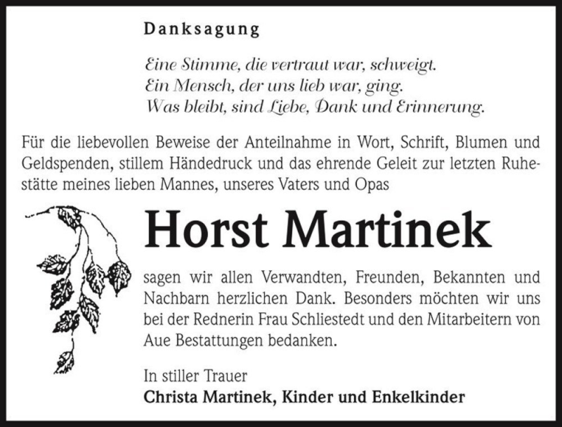  Traueranzeige für Horst Martinek  vom 10.10.2015 aus Magdeburger Volksstimme