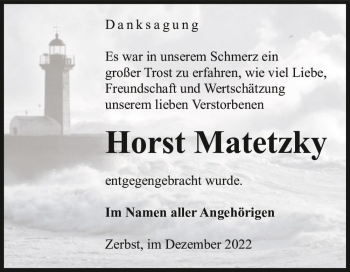 Traueranzeige von Horst Matetzky  von Magdeburger Volksstimme