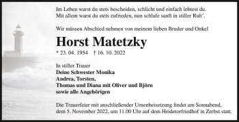 Traueranzeige von Horst Matetzky  von Magdeburger Volksstimme