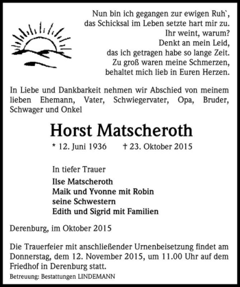 Traueranzeige von Horst Matscheroth  von Magdeburger Volksstimme