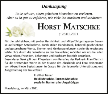 Traueranzeige von Horst Matschke  von Magdeburger Volksstimme