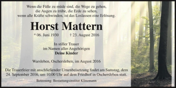 Traueranzeige von Horst Mattern  von Magdeburger Volksstimme