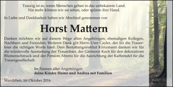 Traueranzeige von Horst Mattern  von Magdeburger Volksstimme