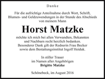 Traueranzeige von Horst Matzke  von Magdeburger Volksstimme