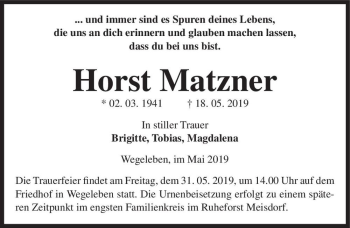 Traueranzeige von Horst Matzner  von Magdeburger Volksstimme