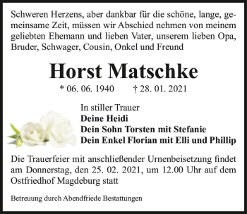 Traueranzeige von Horst Matzschke  von Magdeburger Volksstimme