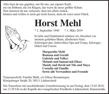 Traueranzeige von Horst Mehl  von Magdeburger Volksstimme
