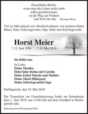 Traueranzeige von Horst Meier  von Magdeburger Volksstimme