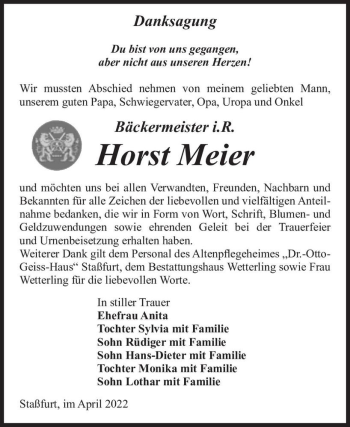 Traueranzeige von Horst Meier  von Magdeburger Volksstimme